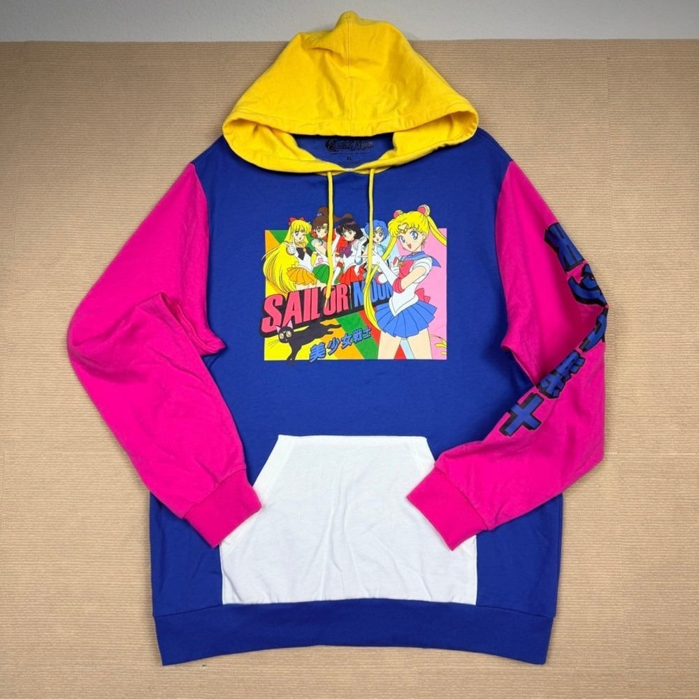 Sailor Moon Colorblock Graphic Hoodie Blue Pink Yellow Anime Sweatshirt XL